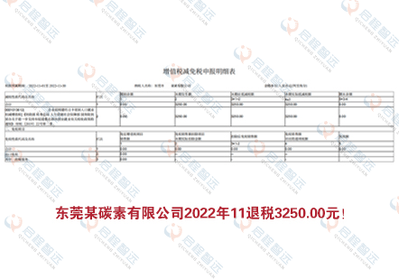 东莞某碳素有限公司2022年11退税3250