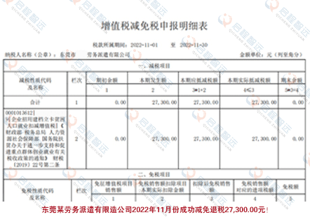 东莞某劳务派遣有限造公司2022年11月份成功减免退税27,300